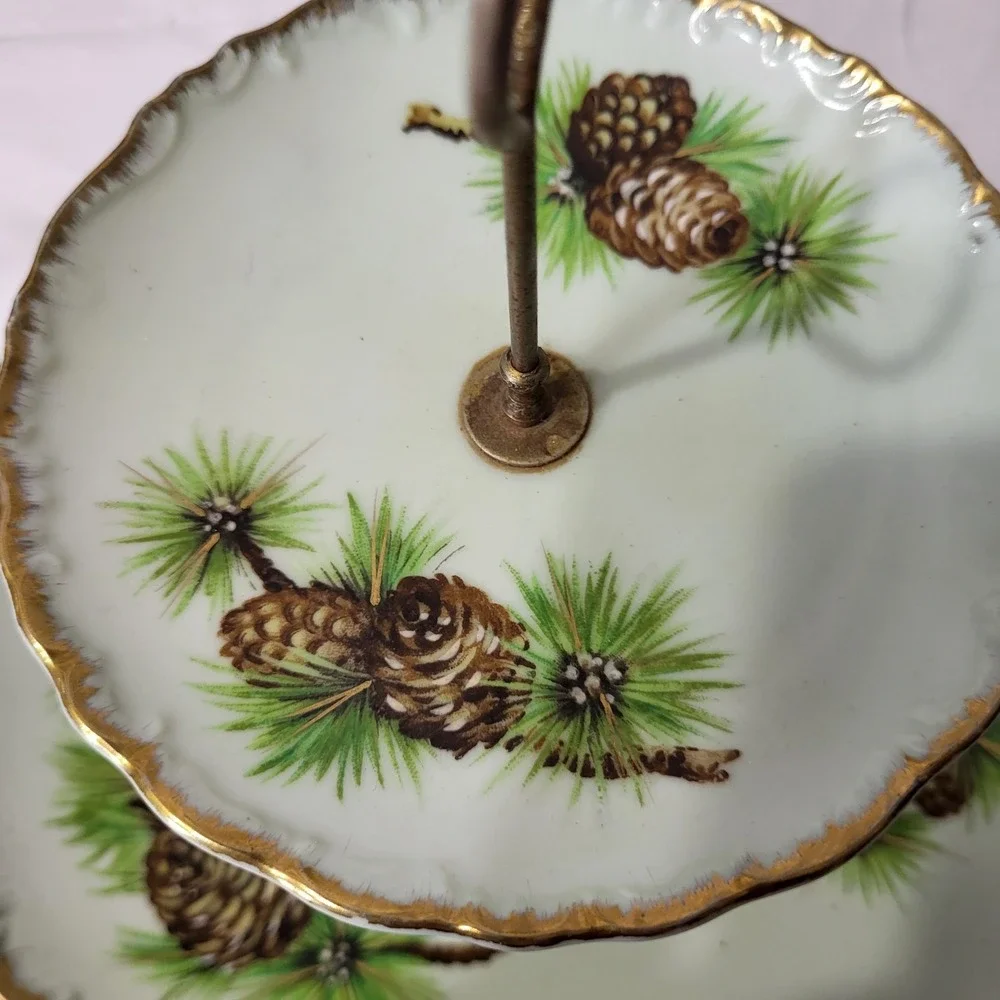 Vintage 2-tier Display Plate Stand Green Gold Edge and Pine Cone Pattern Japan